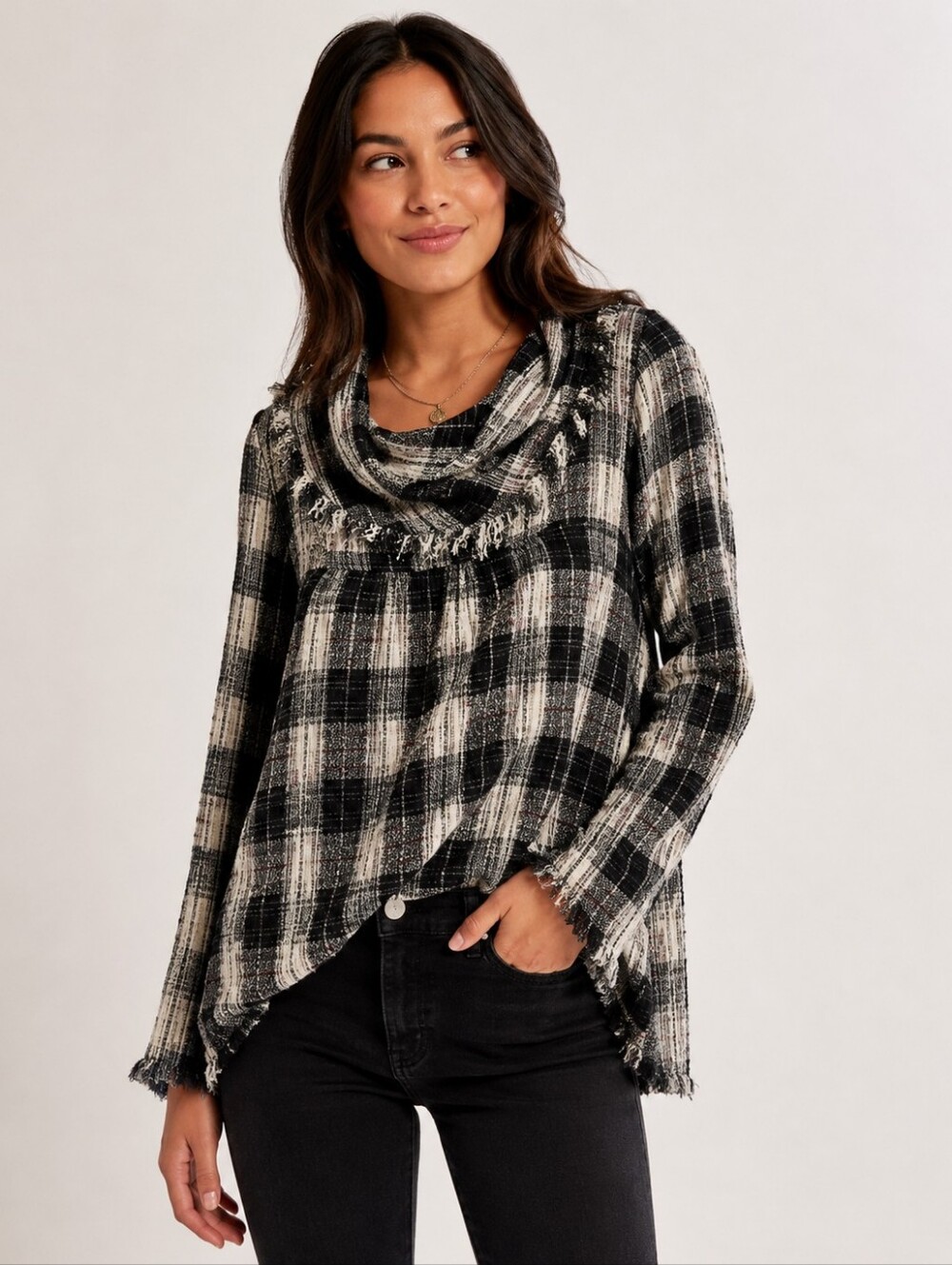 Free People Walk in the Park Plaid Fringe Cowl Neck Top Small